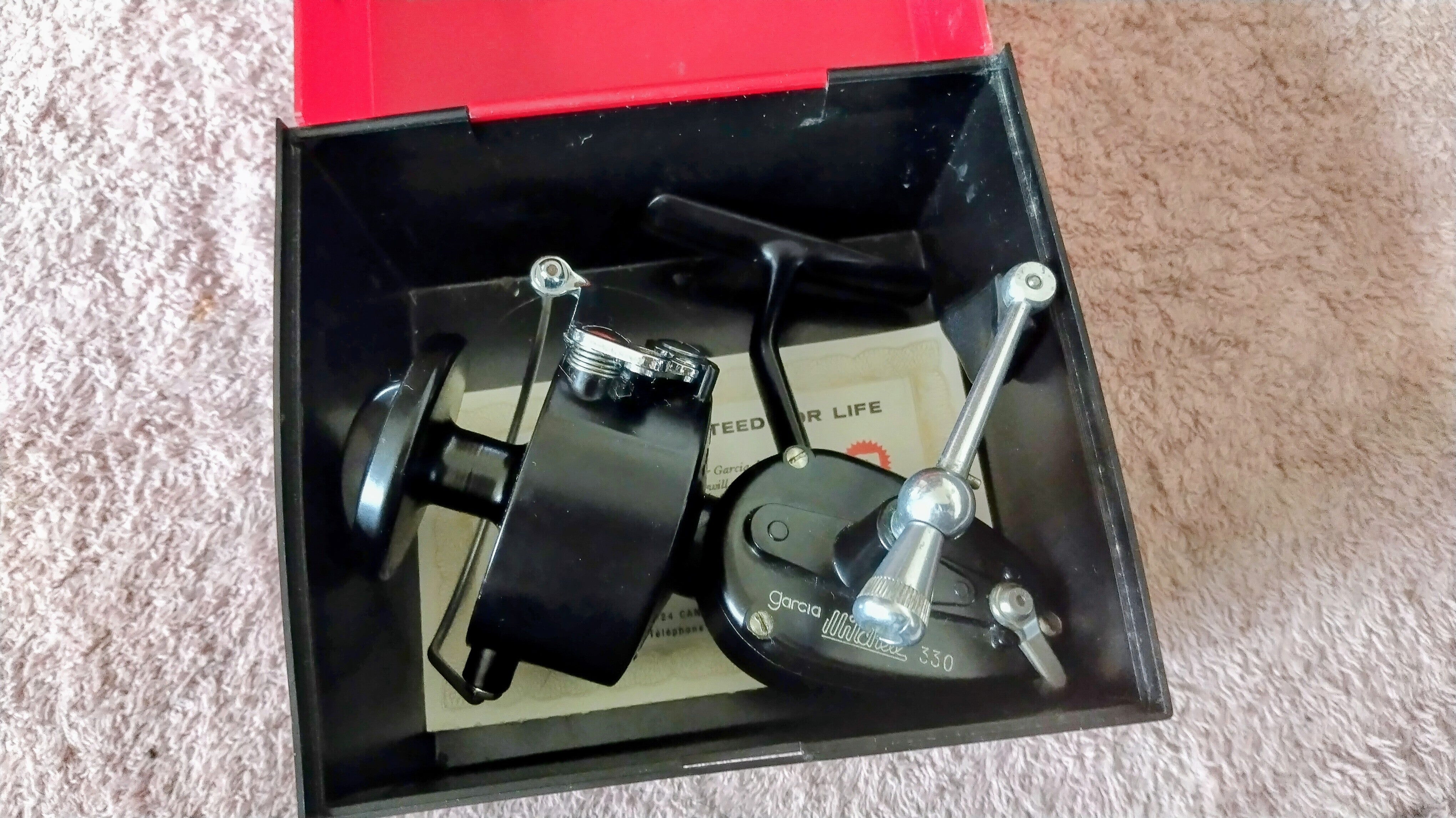 Mitchell 330 Vintage Fishing Reel Spare Spool Hard Case Paperwork Match Carp