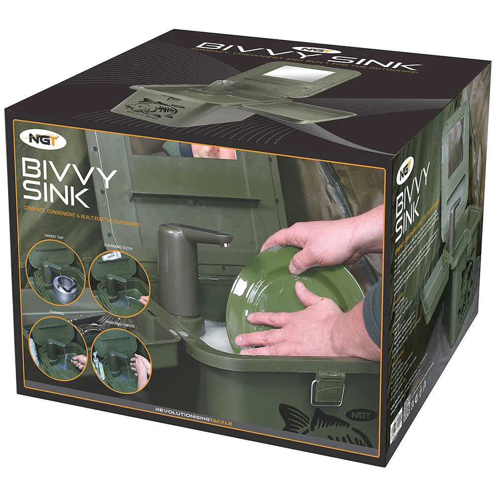NGT Bivvy Sink & 10L Water System | Portable Bankside Washing Station & Mirror