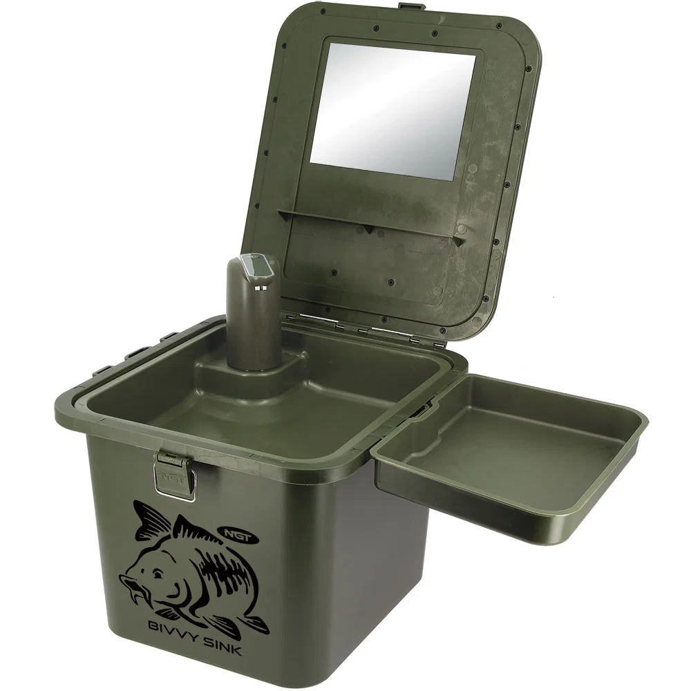 NGT Bivvy Sink & 10L Water System | Portable Bankside Washing Station & Mirror