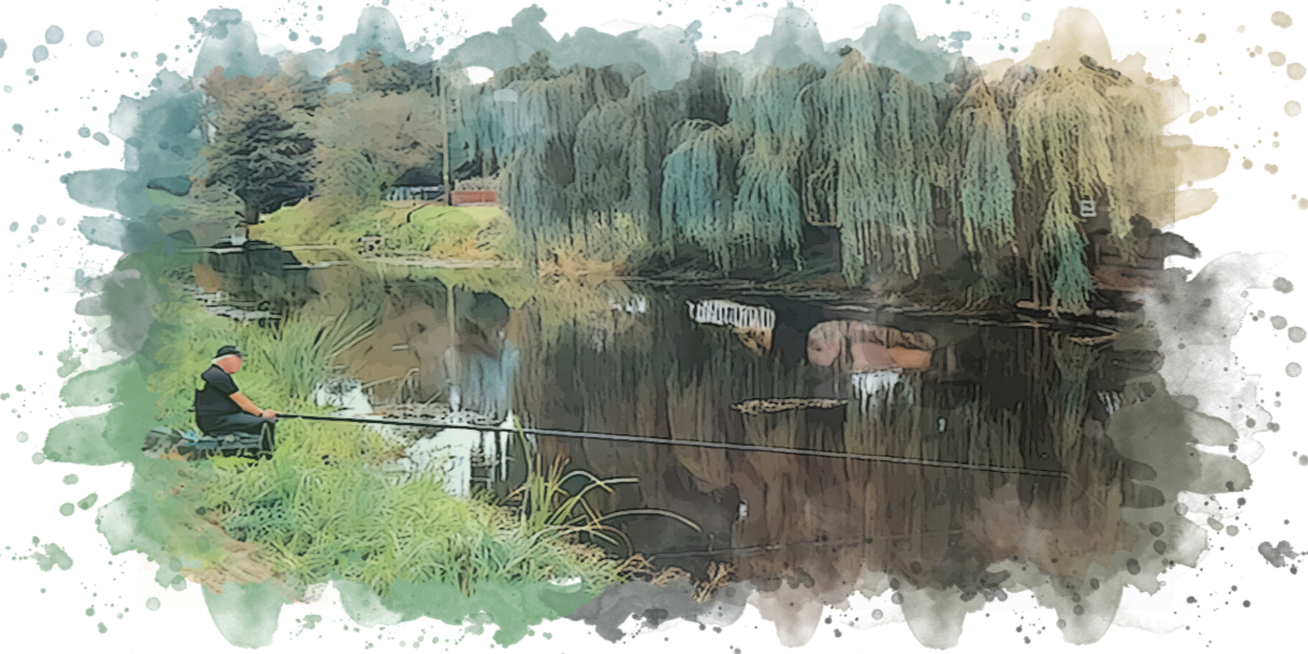 Fenland Tackle Exchange provided Fishing scene with a person by a lake, surrounded by greenery and watercolor effects.