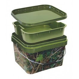 10L Square Fishing Bucket with Tray Olive Green Camo Carp Coarse Bait Matt Box