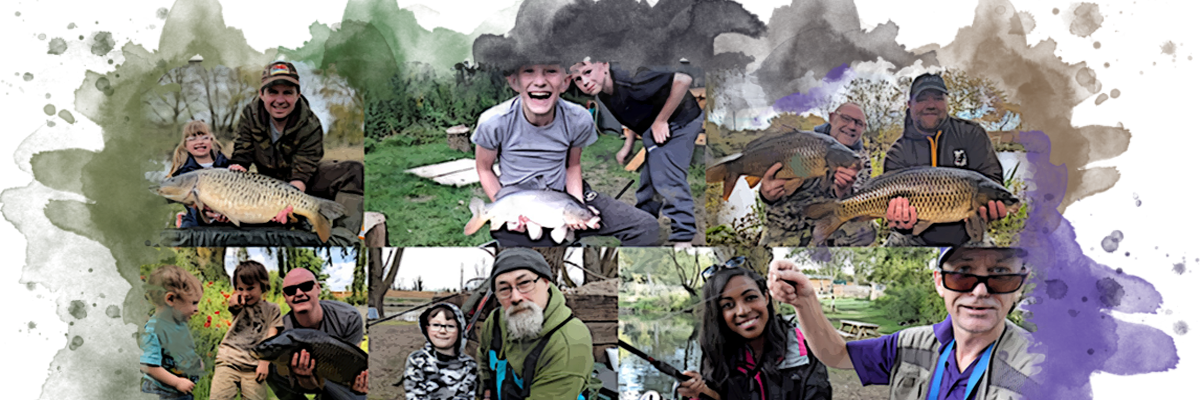 Collage of people fishing with large fish, set against a colorful abstract background.