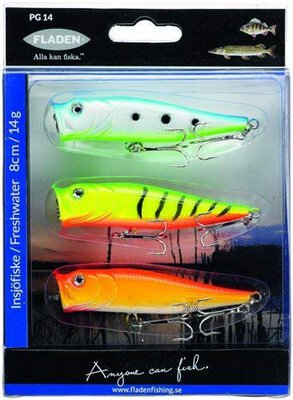 Fladen Lake 3pc Floating Popper Lure Set - 9cm 14g - Pike Perch Zander Surface