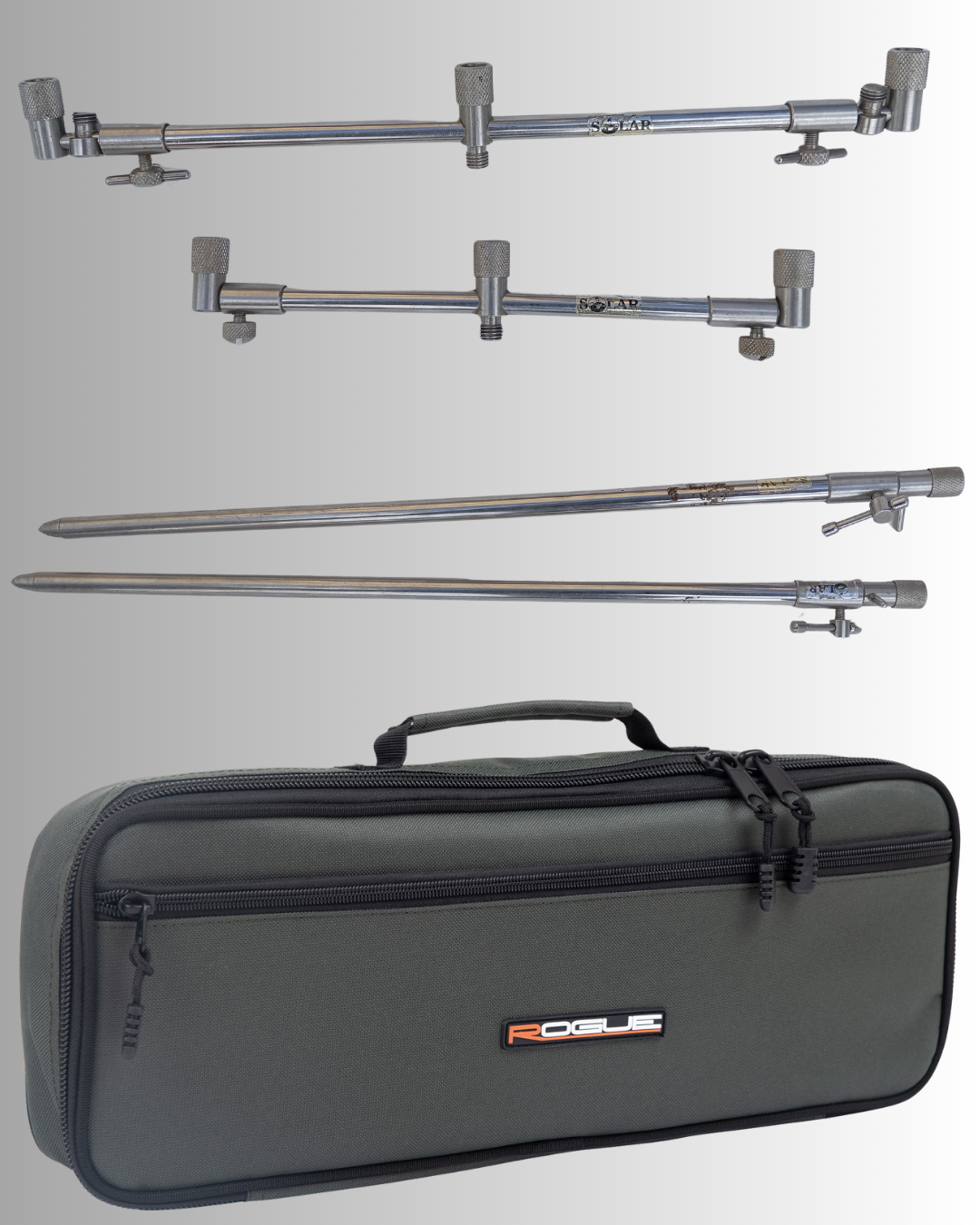 Solar Tackle Stainless Steel 3-Rod Bank Sticks & Buzz Bars Set - Inc Bag