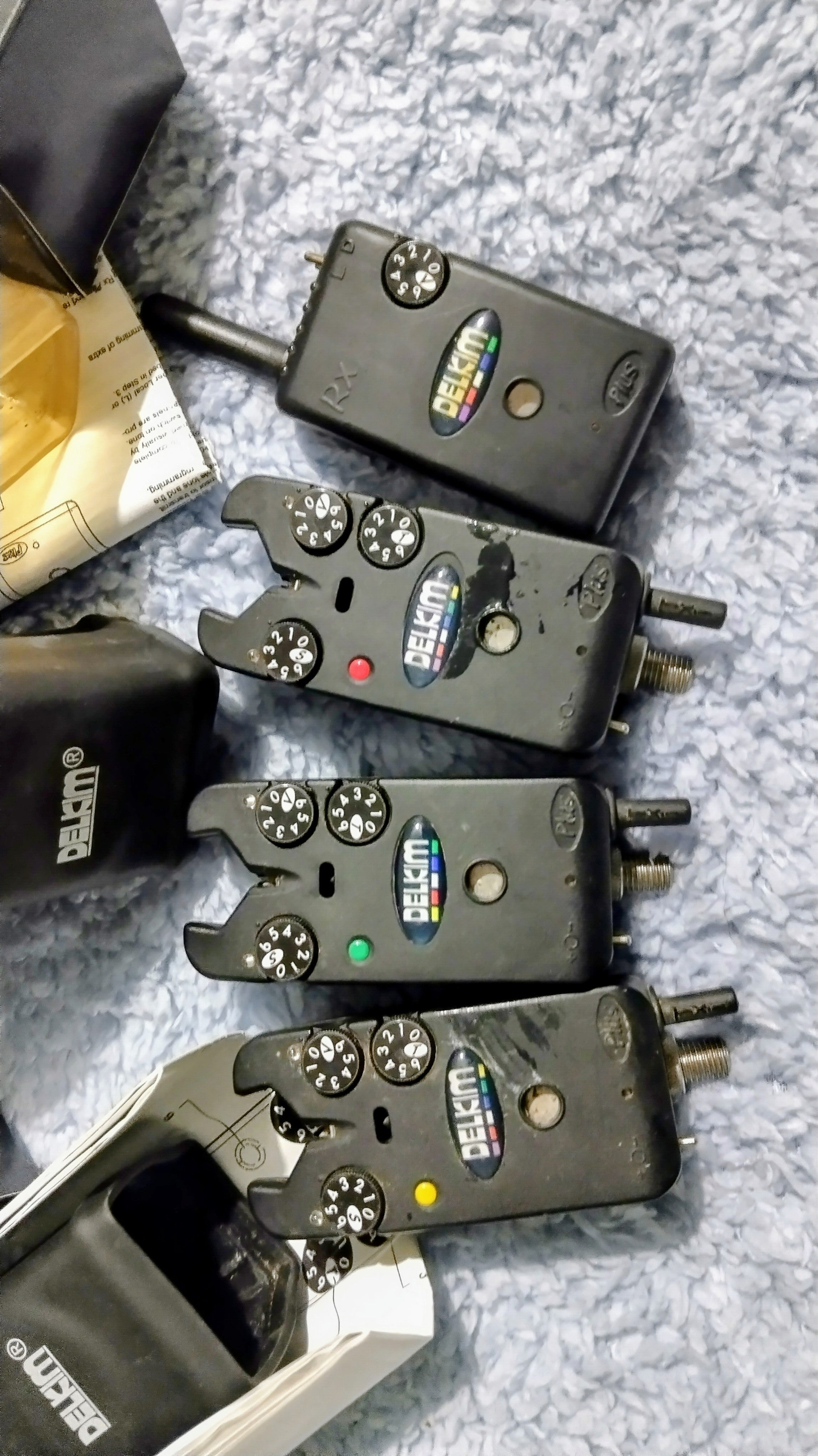 Delkim Txi Plus Alarms x3 & Rx Plus Pro Receiver Set - Superb Condition R,G,Y