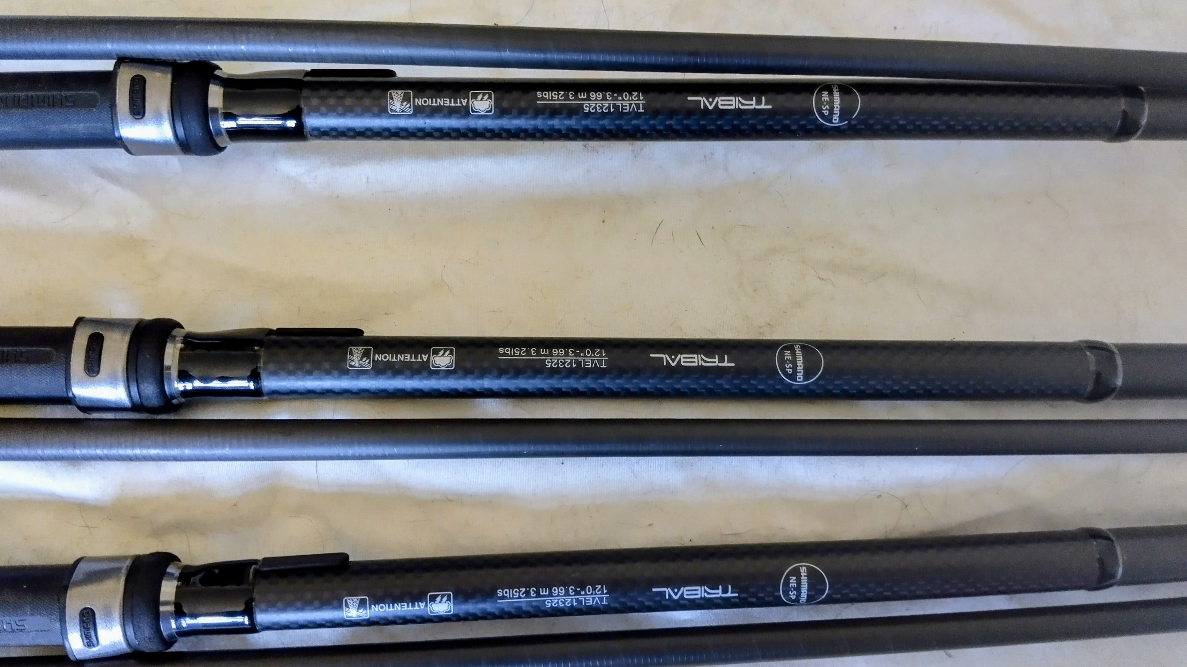Set of 3 Shimano Tribal Velocity 12ft 3.25lb TC Carp Rods 50mm Guides Pre-owned