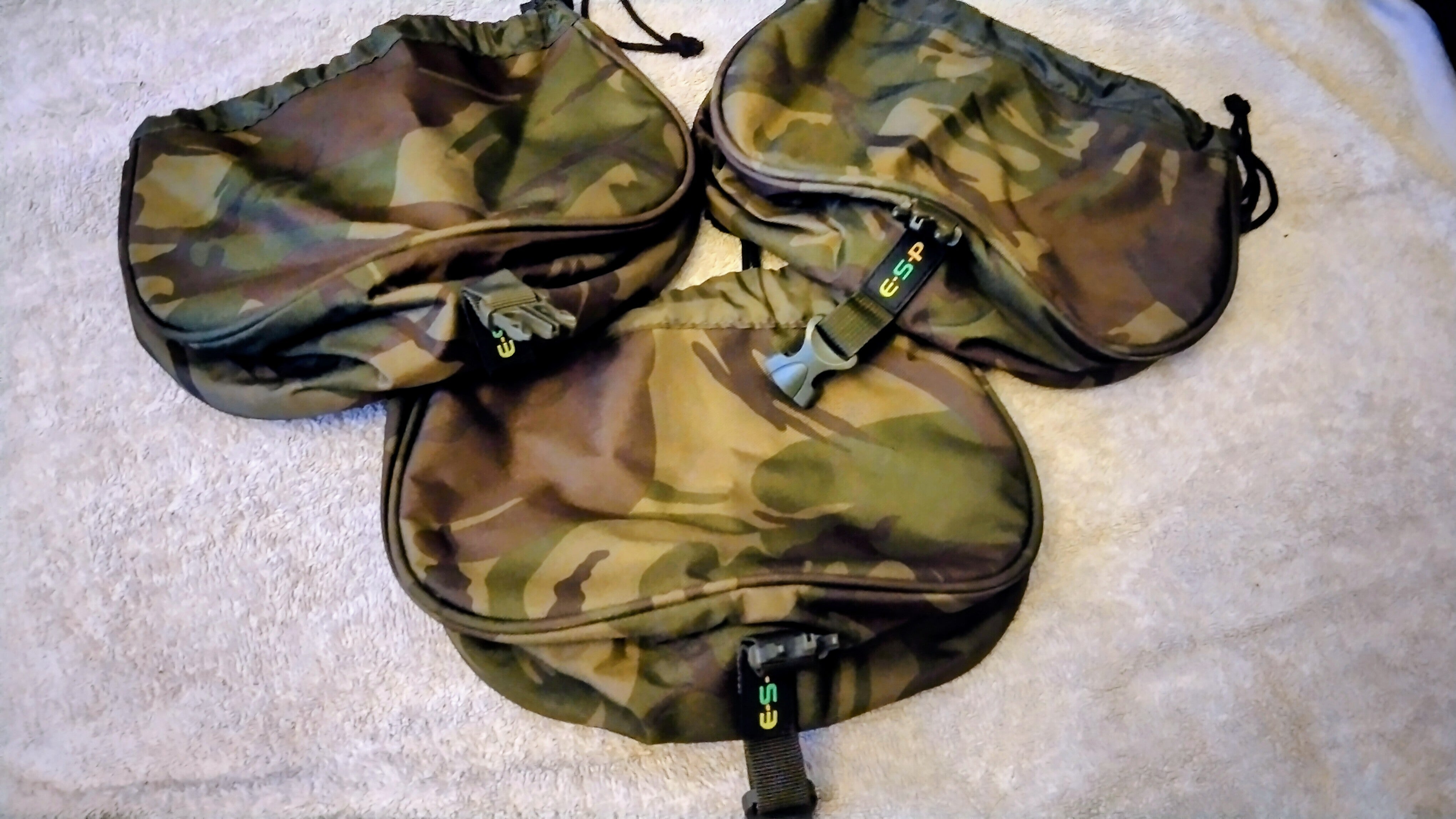 Set 3 ESP Camo Reel Pouches Big Pit Carp Fishing Cases Protectors - Superb Cond