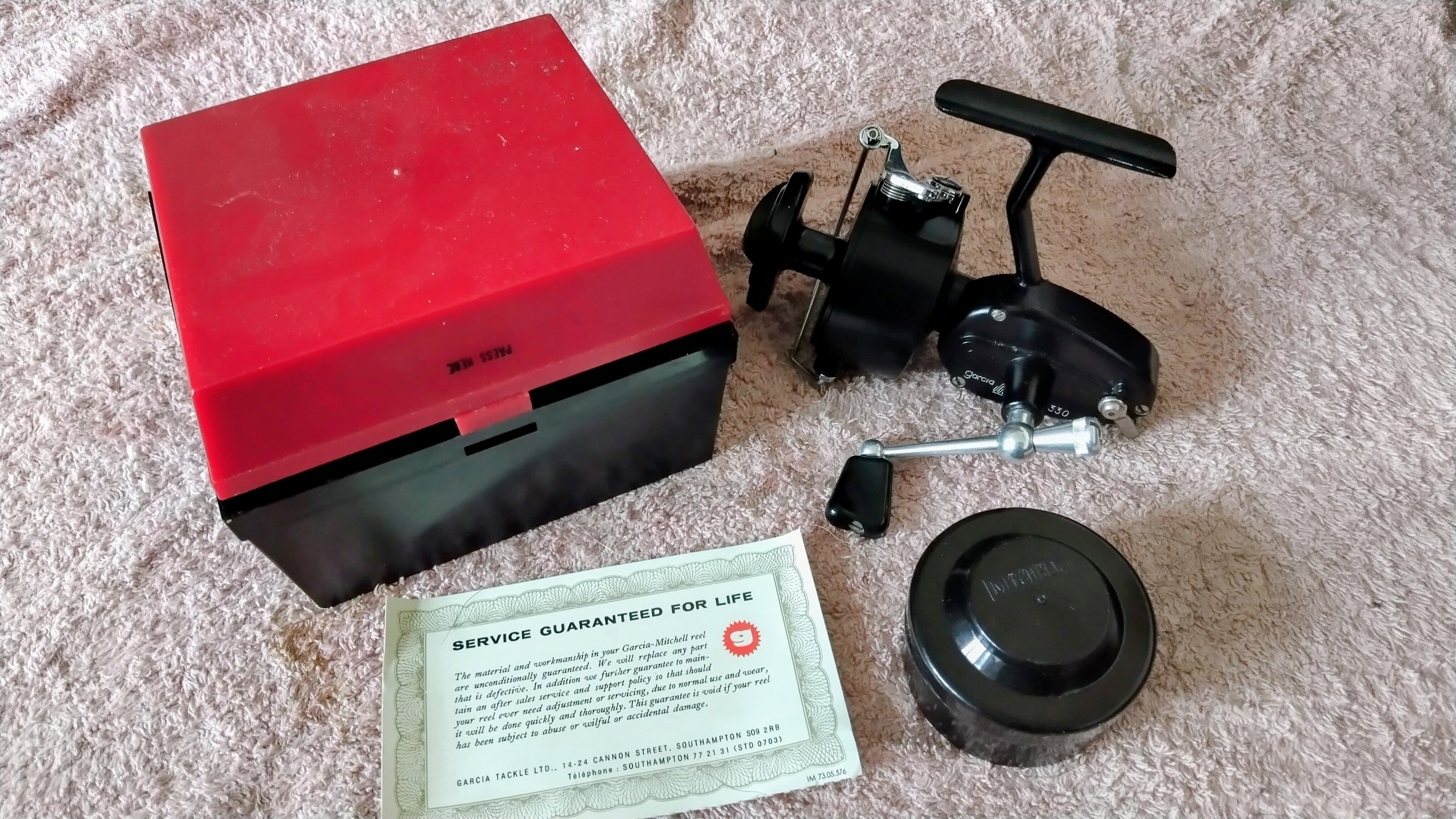 Mitchell 330 Vintage Fishing Reel Spare Spool Hard Case Paperwork Match Carp