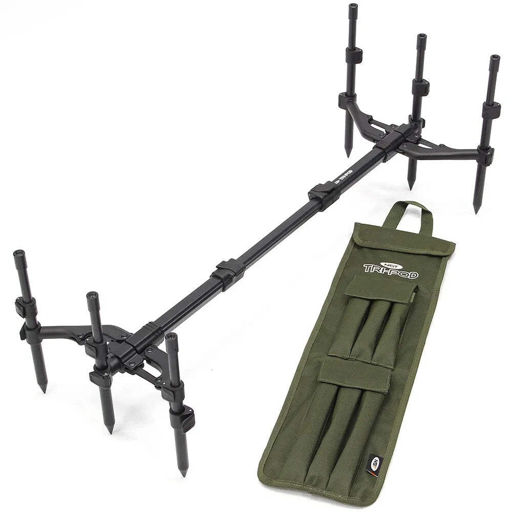 3-rod carp fishing rod pod with independently adjustable front & rear banksticks