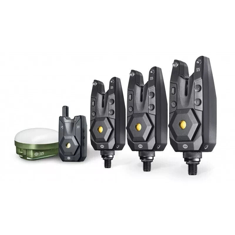 Saber S5 carp fishing wireless bite alarm set - 3 alarms, receiver & bivvy light