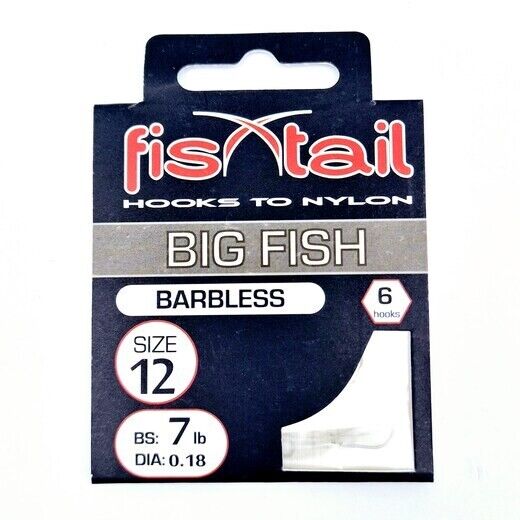 Fishtail Big Fish hooks to nylon - Barbless, packs of 6 - Misc sizes