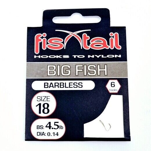 Fishtail Big Fish hooks to nylon - Barbless, packs of 6 - Misc sizes
