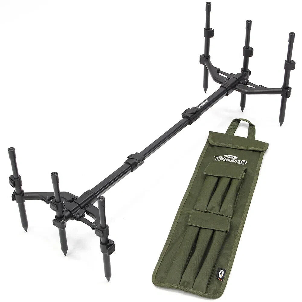 3-rod carp fishing rod pod with independently adjustable front & rear banksticks