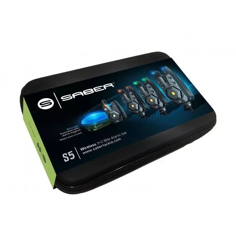 Saber S5 carp fishing wireless bite alarm set - 3 alarms, receiver & bivvy light