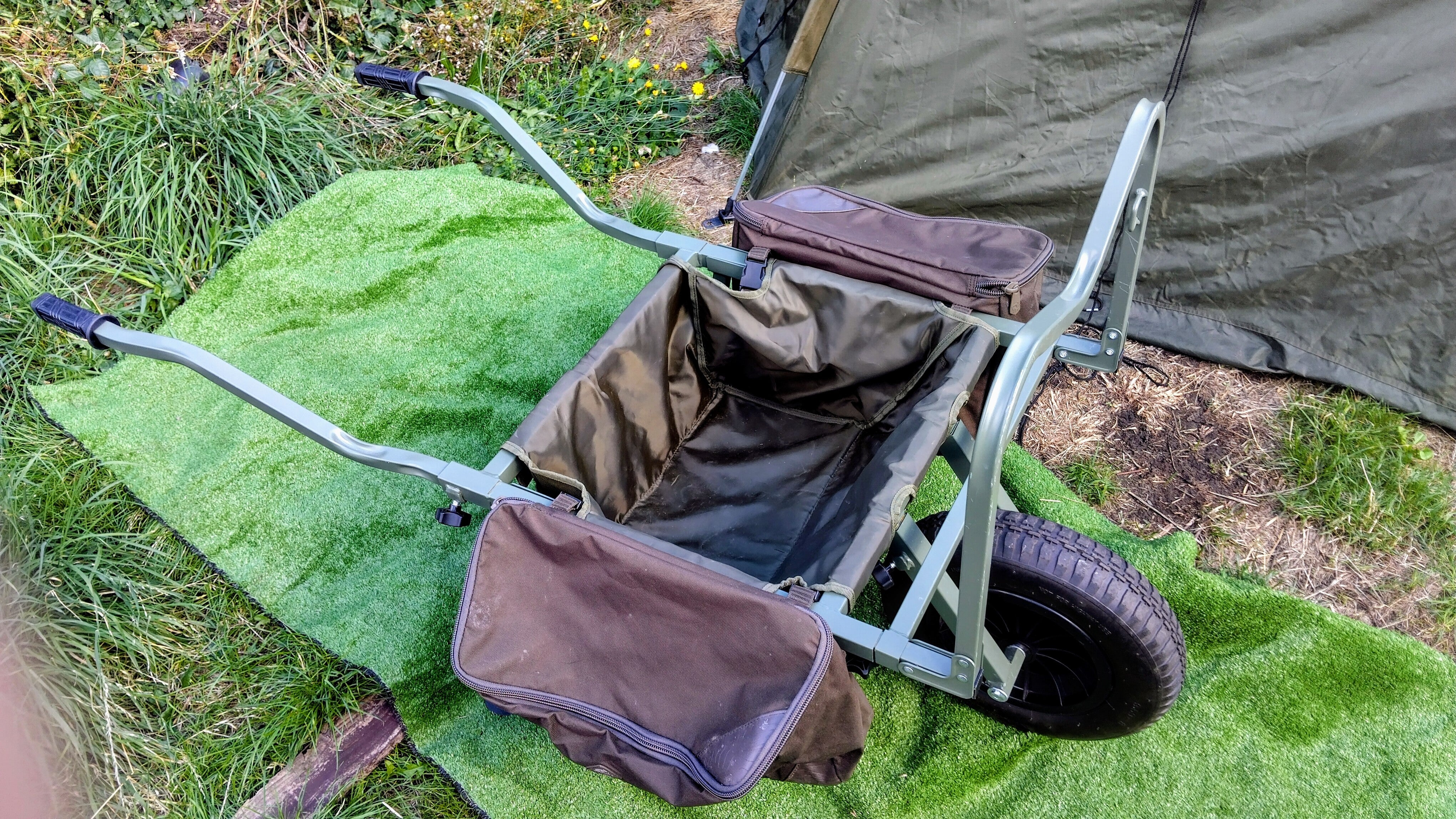 Trakker Carp Fishing Barrow with Under-Barrow Bag & Nash Panniers - Used Excellent