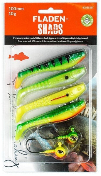 FLADEN Soft Lure Shad Assortment 4pc 8cm + 2 Jigheads 8g Perch Pike Zander