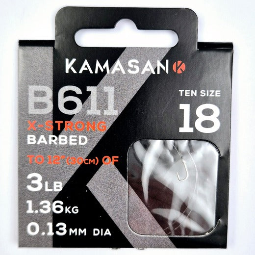 Kamasan B611 Barbed Hooks To Nylon - Nickel Spade End - Choose Size 10 to 22
