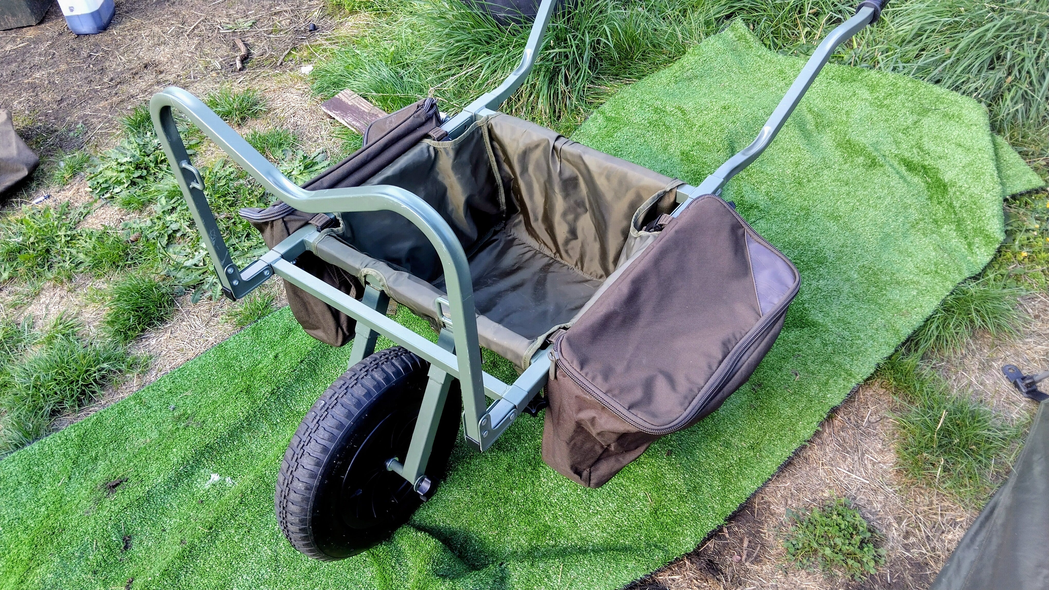 Trakker Carp Fishing Barrow with Under-Barrow Bag & Nash Panniers - Used Excellent