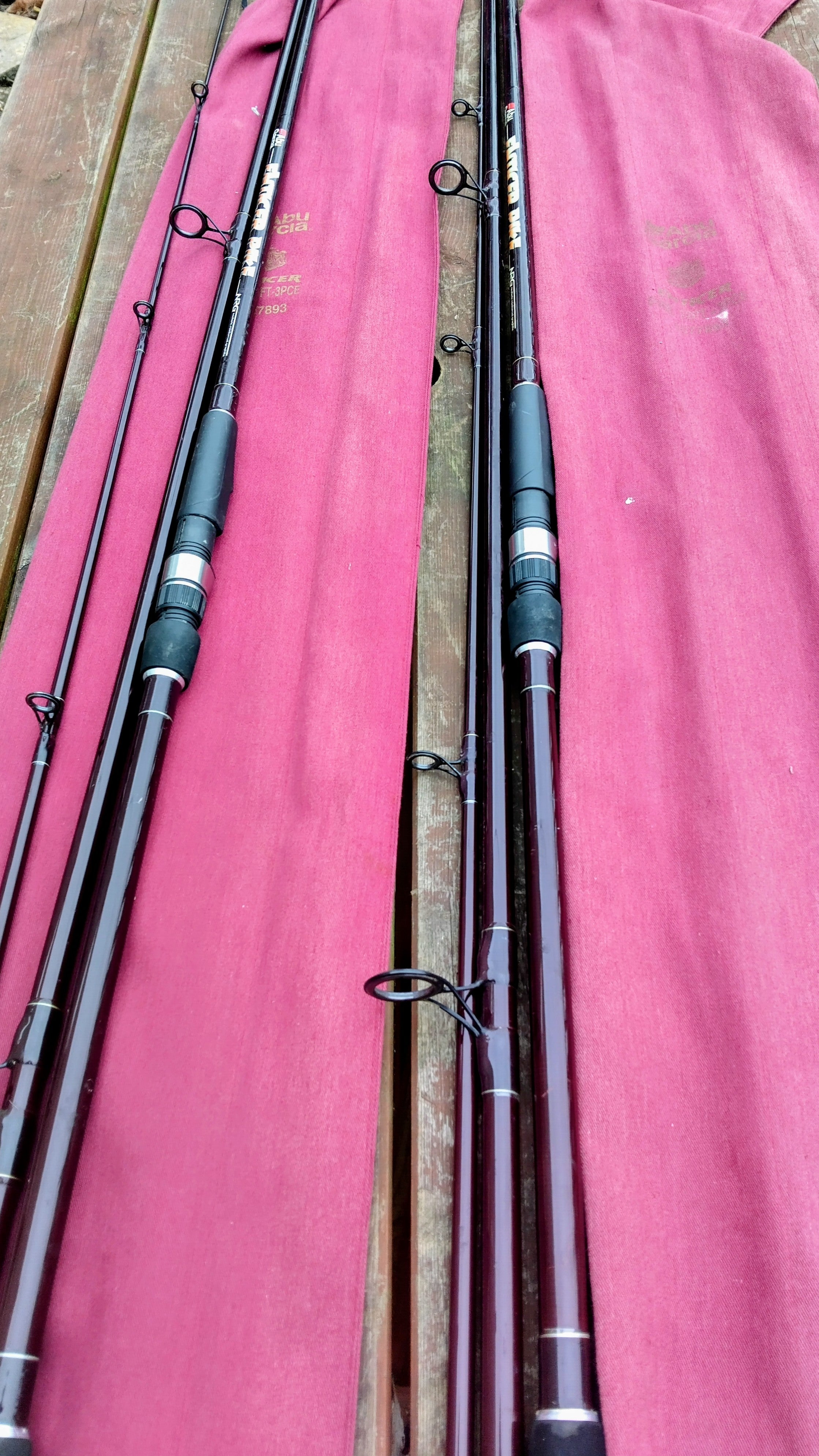 Pair of Abu Garcia Enticer Pike Rods 12ft 3lb TC 3-Piece Deadbait Rods & Bags