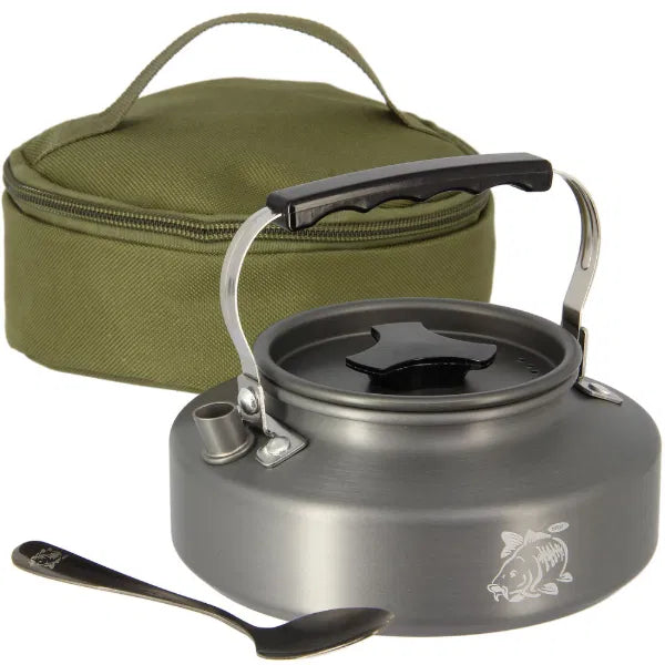 NGT Aluminium Kettle Set 0.8L Gun Metal Fishing Carp Bivvy Camping Tea Spoon Bag
