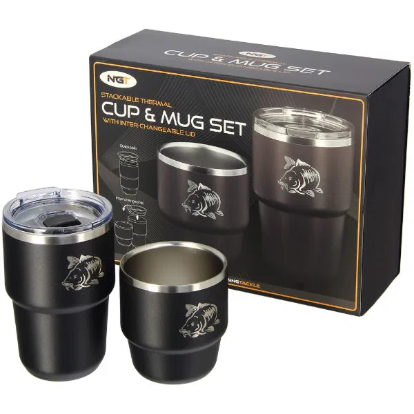 NGT Twin Mug Set | Double Walled Stainless Steel Cup 180ml 240ml | Thermal Angling Brew Kit