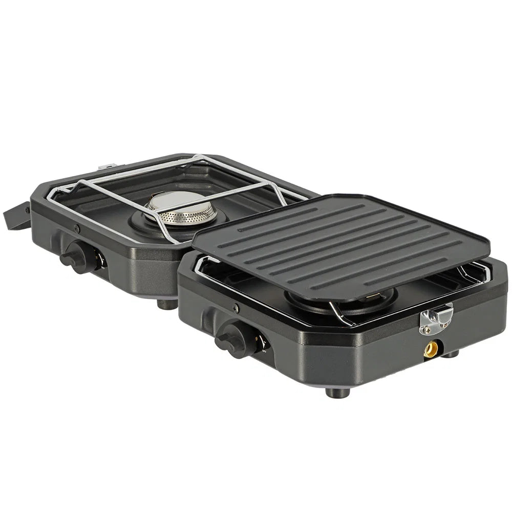 NGT XT Twin Gas Stove 4.6kW Folding Camping Fishing Cooker Griddle & Carry Case