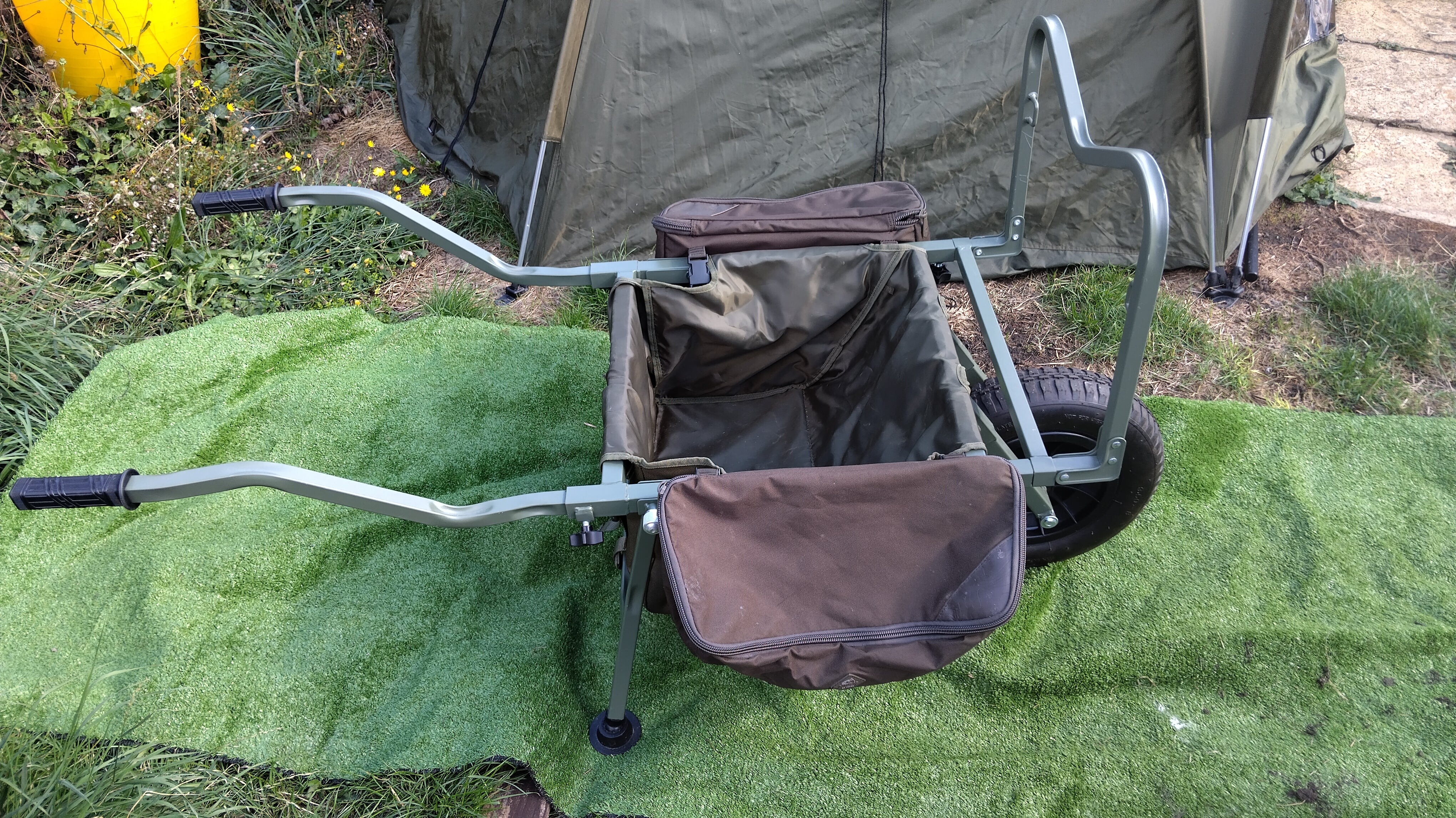Trakker Carp Fishing Barrow with Under-Barrow Bag & Nash Panniers - Used Excellent