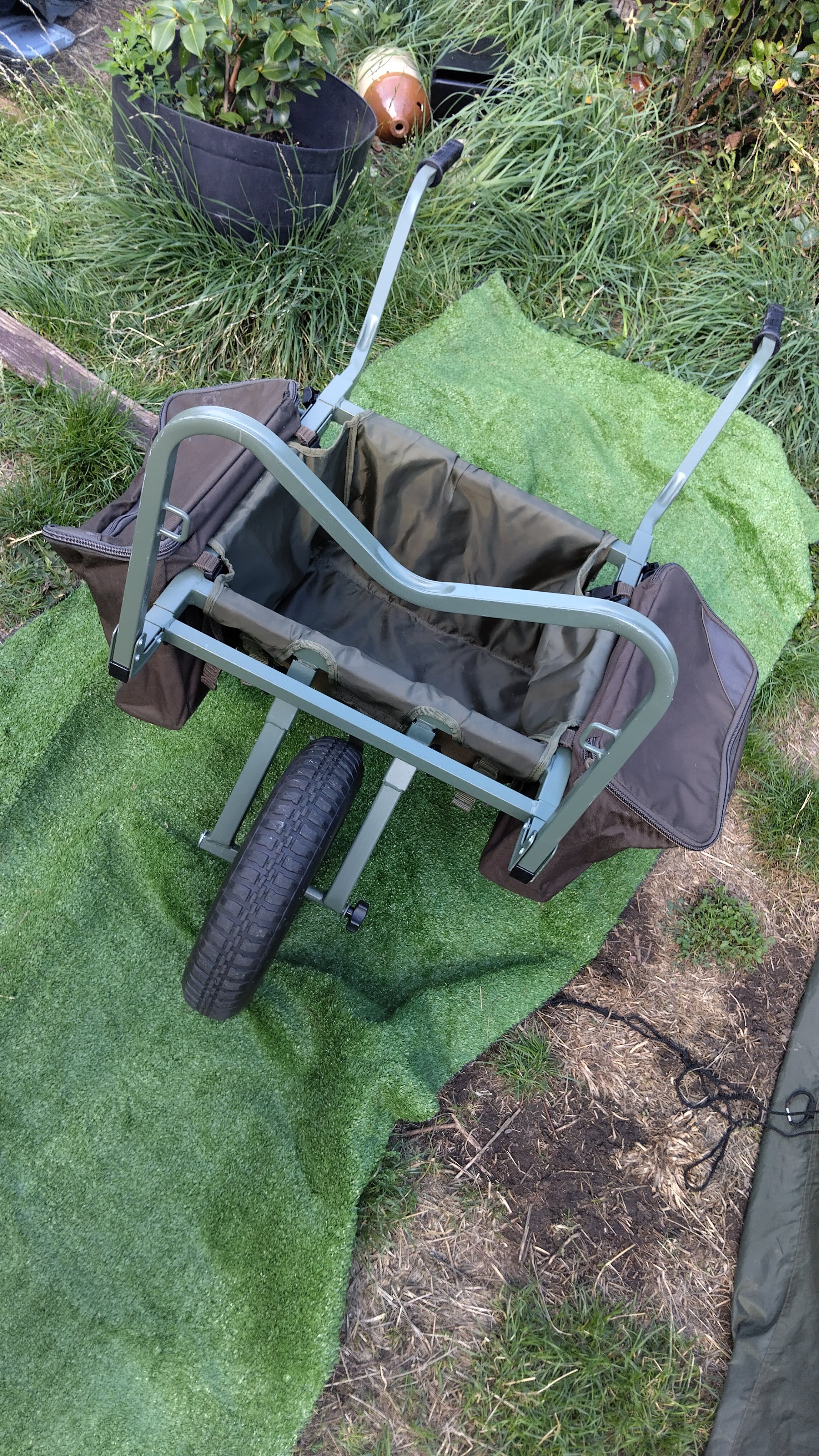 Trakker Carp Fishing Barrow with Under-Barrow Bag & Nash Panniers - Used Excellent