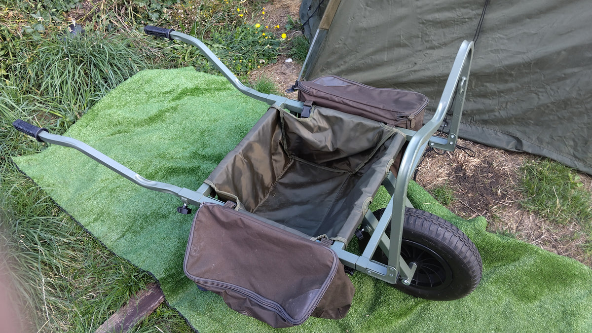 Trakker Carp Fishing Barrow with Under-Barrow Bag & Nash Panniers - Used Excellent