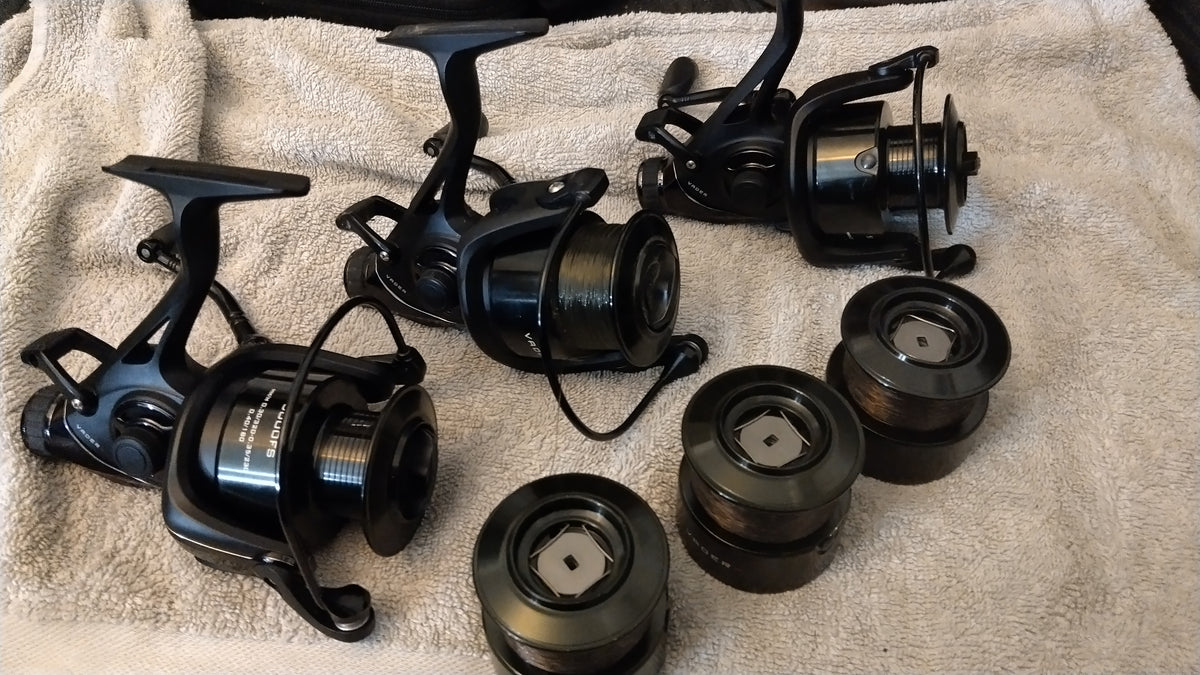Set of 3 Sonik Vader X 5000FS Free Spool Carp Reels + 3 Spare Spools Superb Used