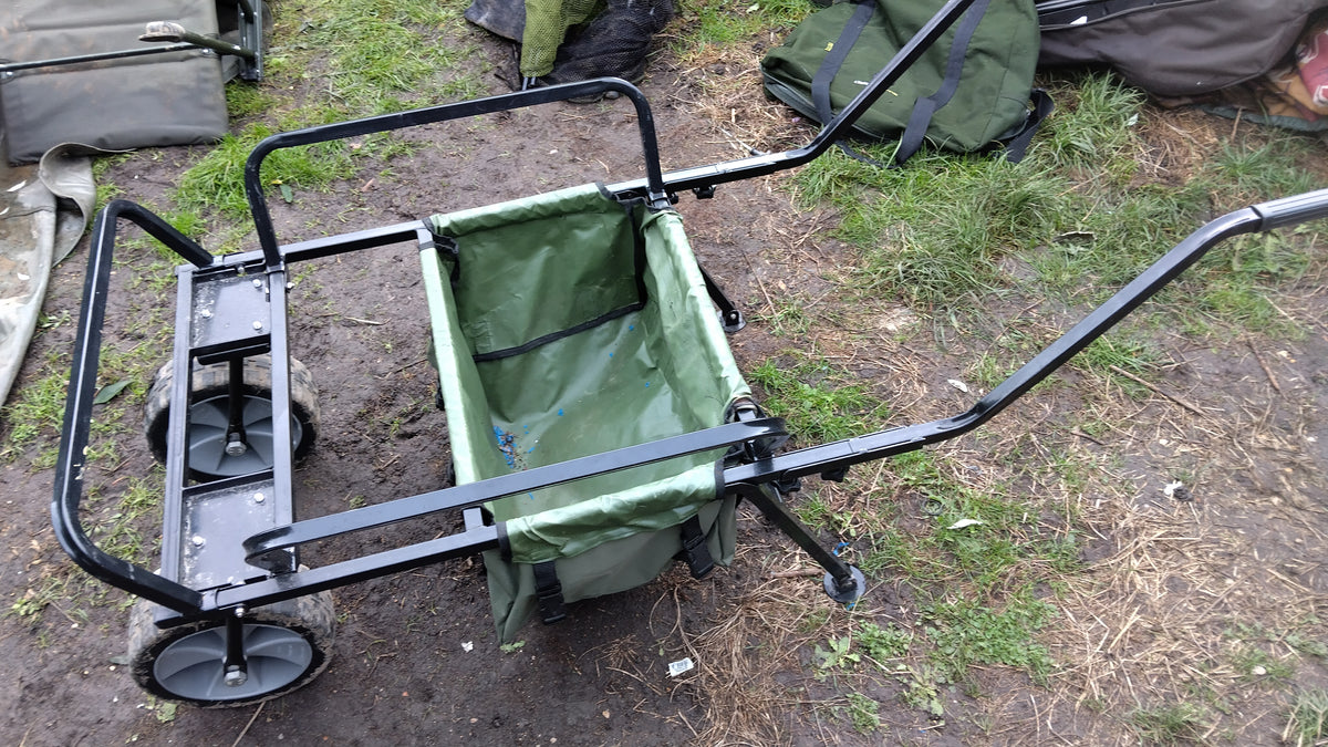 Low Profile Twin Wheel Carp Fishing Barrow with Drop-In Bag – Good Used Condition