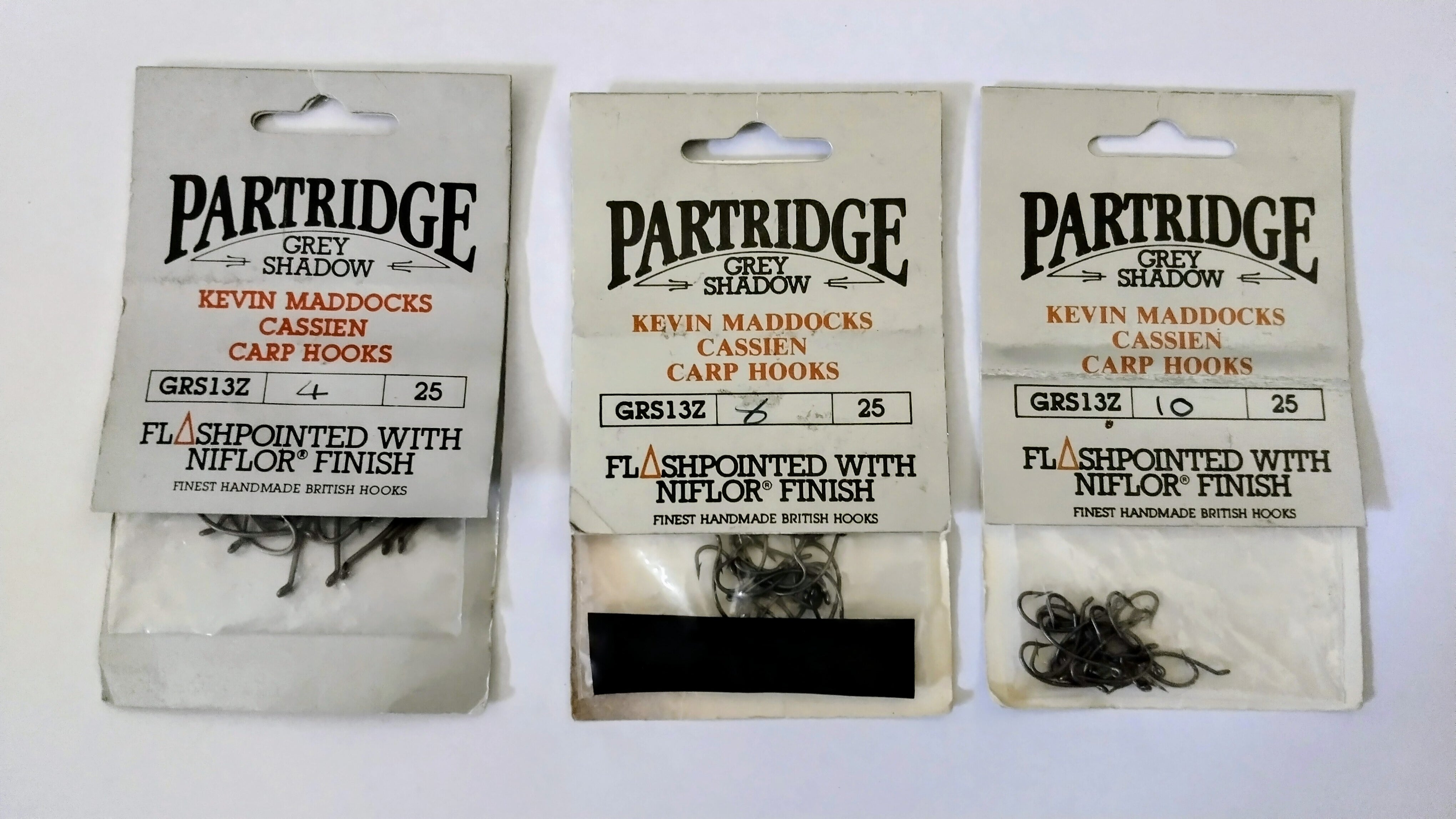 3x Packs Partridge Grey Shadow Kevin Maddocks Cassien Carp Hooks Sizes 4 8 10