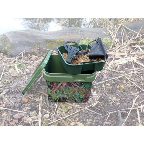 10L Square Fishing Bucket with Tray Olive Green Camo Carp Coarse Bait Matt Box