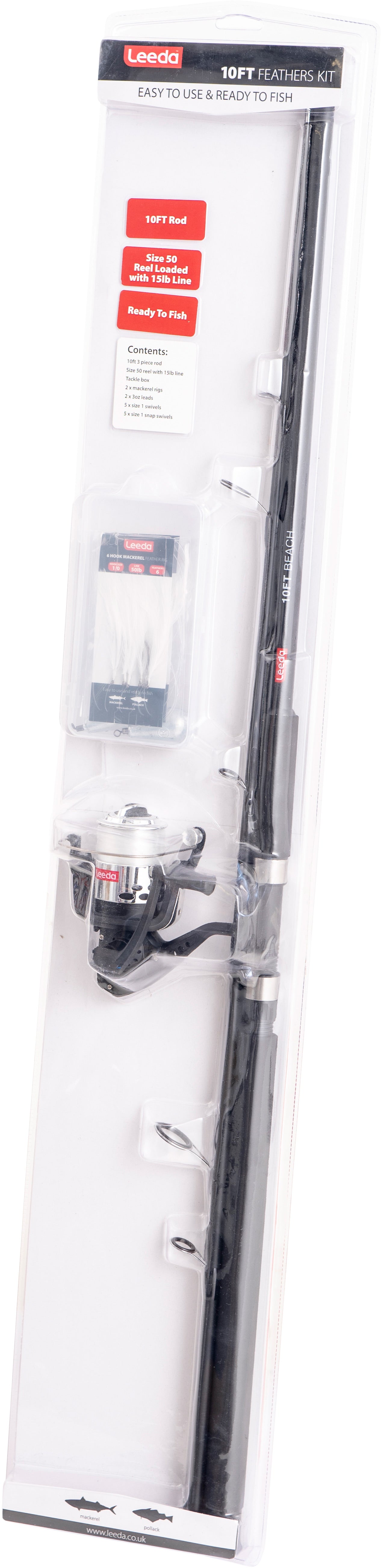 Leeda 10' Mackerel Feathers Sea Fishing Kit / Rod + Reel Combi